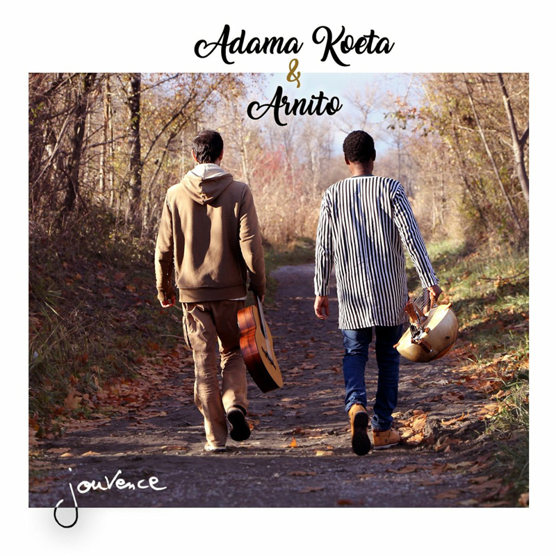 Adama Koeta After Work. Artwork for the album. The two artists holding their musical instruments walking on a trail.