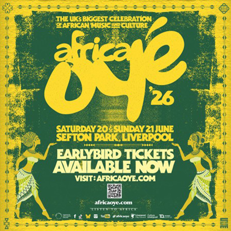 Africa Oyé 2026 poster. Yellow and green with festival dates.