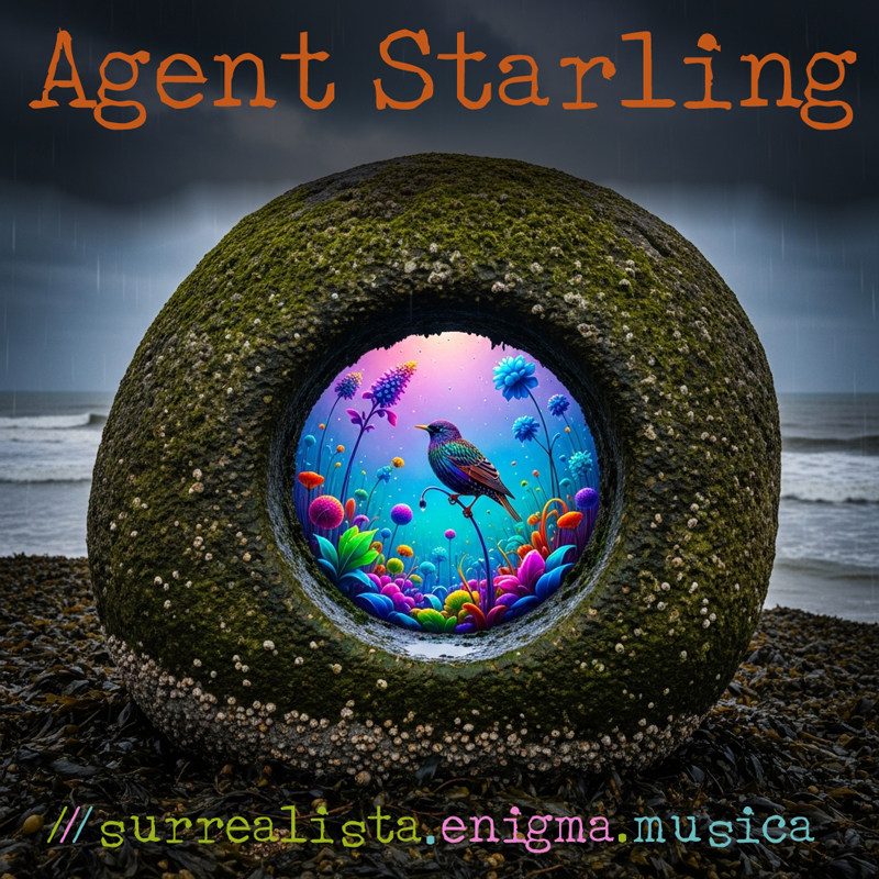 Agent Starling - Surrealista Enigma Musica cover artwork. A moss-covered concrete ring rests on a dark, pebbled shoreline beneath a stormy sky. At its center, a glowing circular portal reveals a garden where a single bird perches among luminous flowers in saturated blues, purples, and pinks.