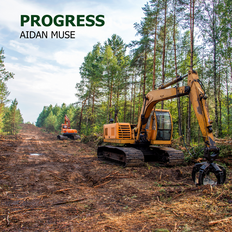 Aidan Muse — Progress cover artwork. a photo of two heavy yellow machines clear cutting woods.