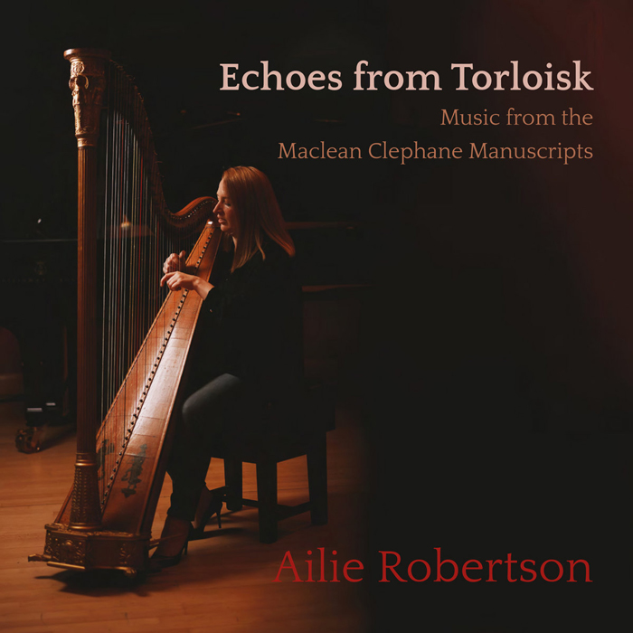 Ailie Robertson Echoes From Torloisk cover artwork. A photo of Allie playing harp on a stage.