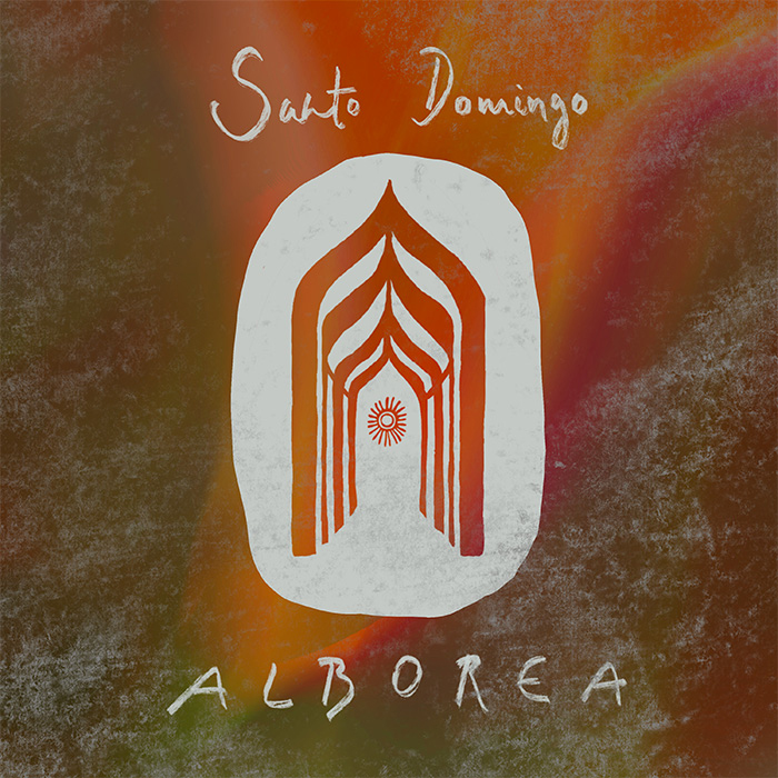 An earth-toned cover centers on a white, rounded arch that frames a series of nested, red-orange arches receding inward, creating a tunnel-like effect. At the focal point sits a small sunburst symbol. The background blends orange, rust, and green with a grainy, weathered finish. “Santo Domingo” appears handwritten at the top, while “Alborea” is scrawled across the bottom.