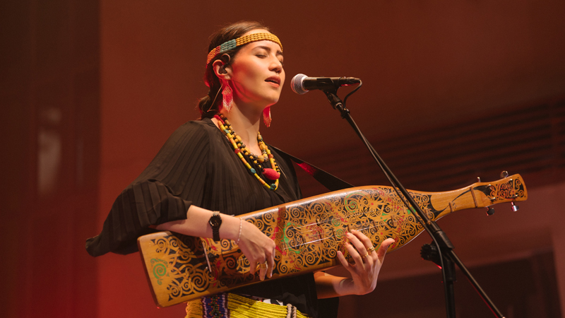 Alena-Murang - Photo by Yu Chung Chen. Alena on stage playing the sape lute.