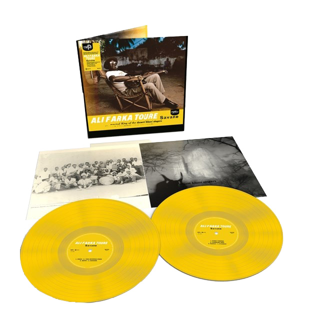 Ali Farka Touré - Savane. A dislay of the album cover, boojlet and the two yellow vinyl LPs.