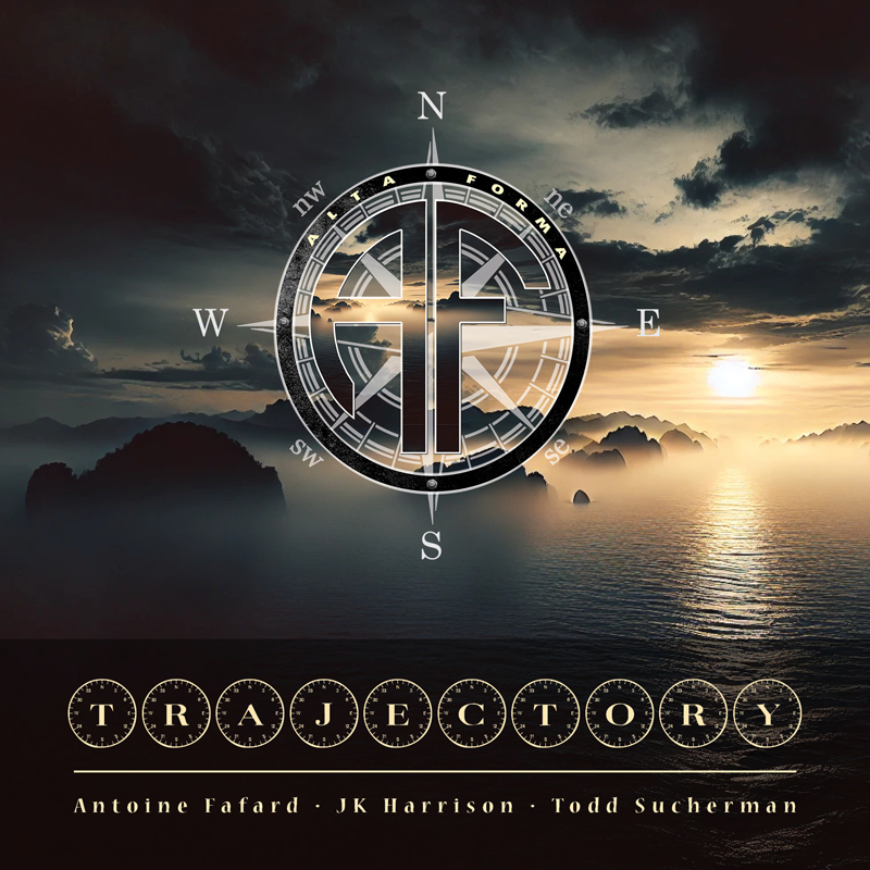 A seascape at sunset fills the background, with dark clouds breaking to reveal light over distant rocky islands and calm water. Centered on top sits a metallic compass emblem that doubles as a stylized cross, marked with cardinal directions and circular geometric details. The band name “Alta Forma” arcs around the emblem. Along the bottom, the title Trajectory appears as spaced letters inside small compass-like circles, with the artists’ names, Antoine Fafard, JK Harrison, and Todd Sucherman, beneath it.