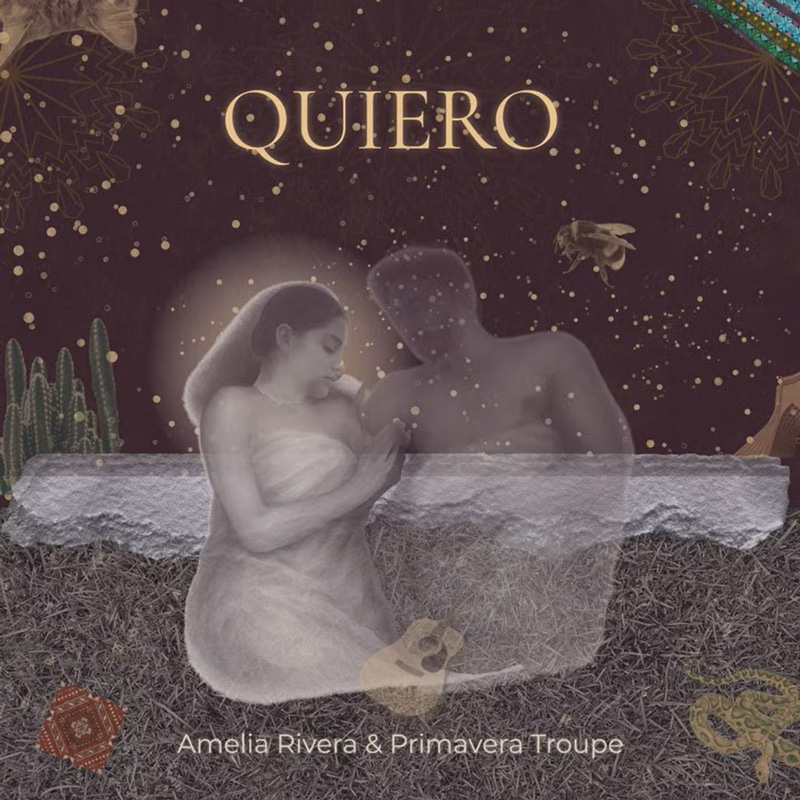 The cover for Quiero features a collage-style scene in sepia and gray tones. A translucent woman sits beside a ghostly human figure. Above them, the title “QUIERO” appears in large gold lettering against a dark, star-filled background. Decorative elements—including a bee, cacti, a snake, and geometric designs—surround the position, while a textured strip resembling earth or woven fibers runs across the lower half.