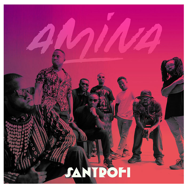 Santrofi amina cover artwork. A photo of the band with a neon background.