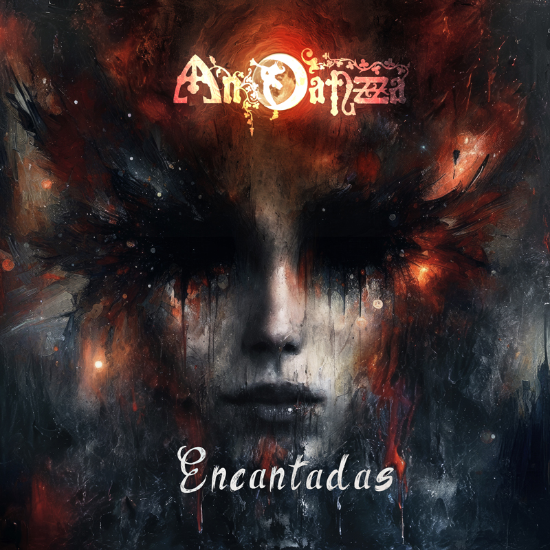 The album cover for An Danzza's Encantadas features a haunting female face emerging from a dark, painterly background. Her eyes are shrouded in deep shadow or possibly closed, with dark, feather-like streaks extending outward like wings or smoke. Fiery reds and glowing embers swirl through the composition. The band's ornate logo glows at the top, while the title "Encantadas" is scripted at the bottom.