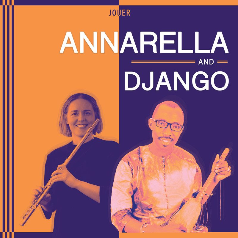 Annarella and Django -  Jouer cver artwork. a photo of the two musicians in orange and blue.