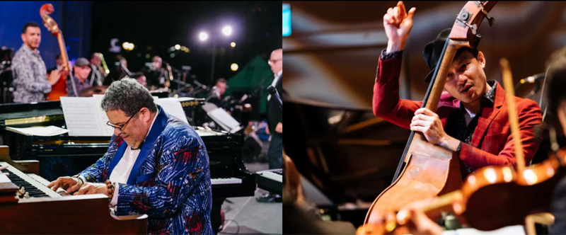 Arturo O’Farrill and Vincent Hsu . a photo of Arturo playing piano and a photo of Hsu holding a bass.