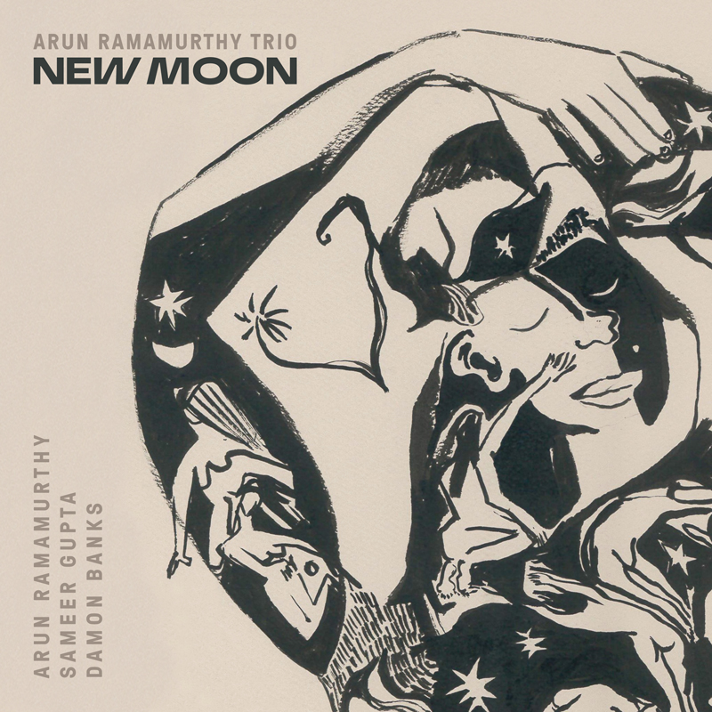 Arun Ramamurthy Trio - New Moon cover artwork. a cubist design that shows a woman's face and an arm.