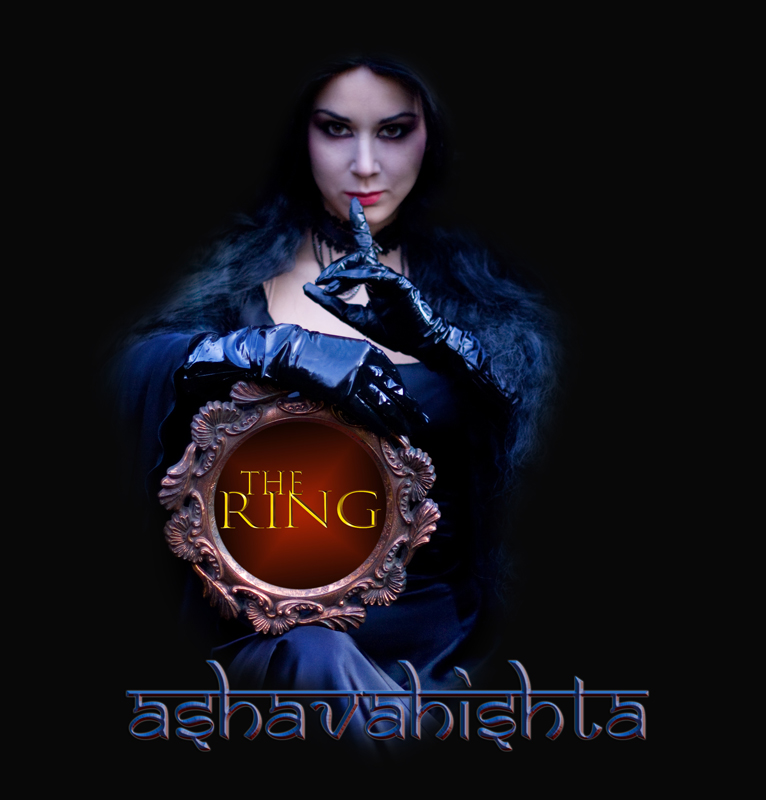 The cover presents a woman with pale skin, dramatic eye makeup, and glossy black gloves against a black background. She holds an ornate circular frame that glows with warm light around the title The Ring. The band name Ashavahishta appears below.