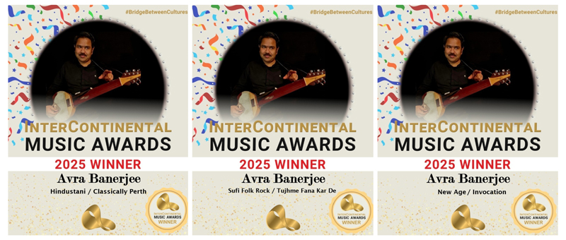 Avra Banerjee Intercontinental Music Awards. Images of the awards in 3 categories.