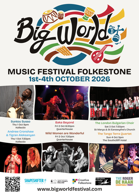 Big World 2026 festival poster. A colorful logo and a collage of photos with artists scheduled to perform.