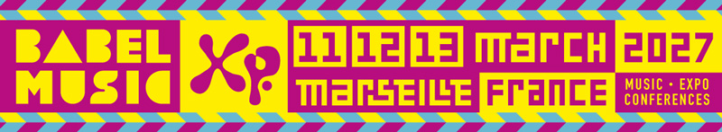 Babel Music XP 2027 banner with pink, yellow and blue colors.