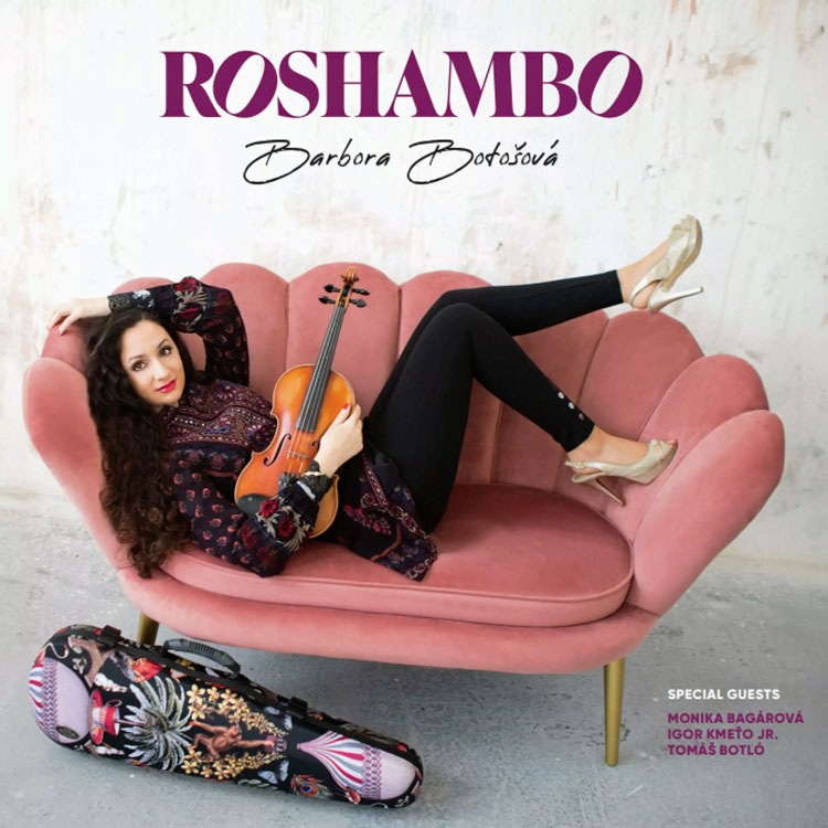 Barbora Botošová - Roshambo cover artwork. Barbora laying on a couch holding her fiddle.