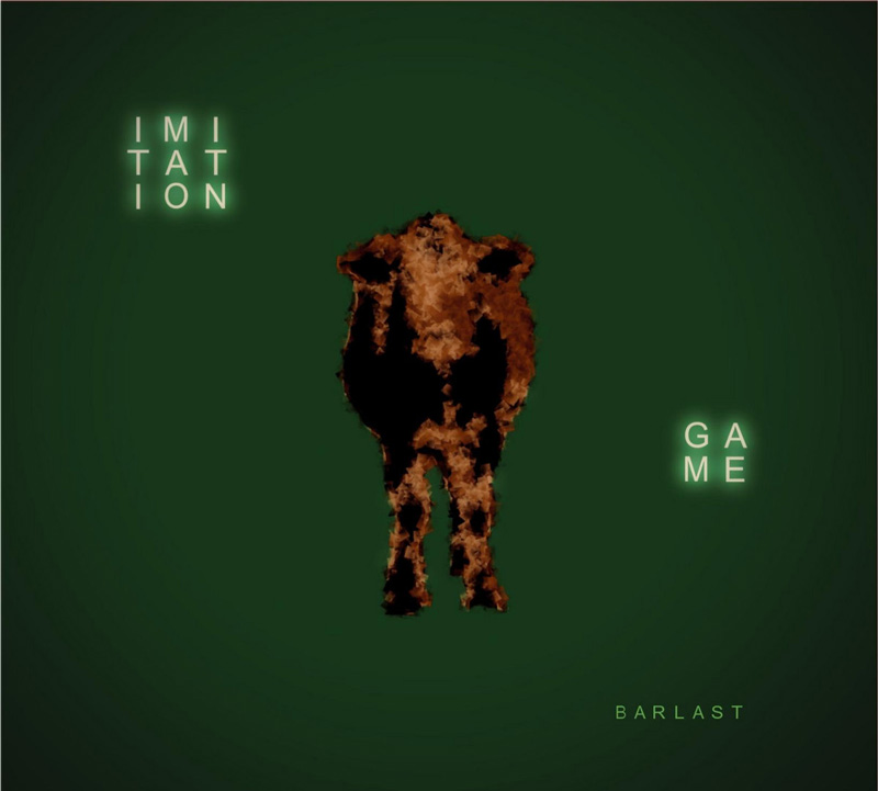 Barlast - Imitation Game cover artwork. A frontal image of a cow over a dark green background.
