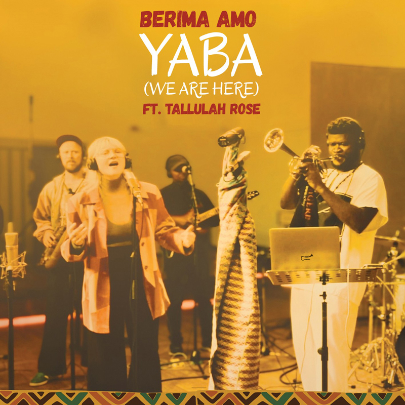 Berima Amo Yaba cover artwork. A yellow-brown cover of Berima and his band in the studio