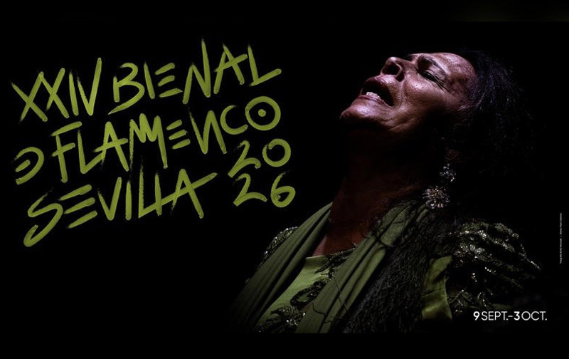 Bienal de Flamenco de Sevilla 2026 poster. A performer leaning back.