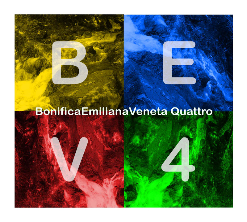 The album cover for Bonifica Emiliana Veneta – Quattro features a quadrant design with each section saturated in a different color—yellow (top left), blue (top right), red (bottom left), and green (bottom right). Large, translucent letters “B,” “E,” “V,” and the number “4” appear prominently in each quadrant, respectively. Across the center, the band's name is written in white: BonificaEmilianaVeneta Quattro. The abstract background textures resemble turbulent water or rock.