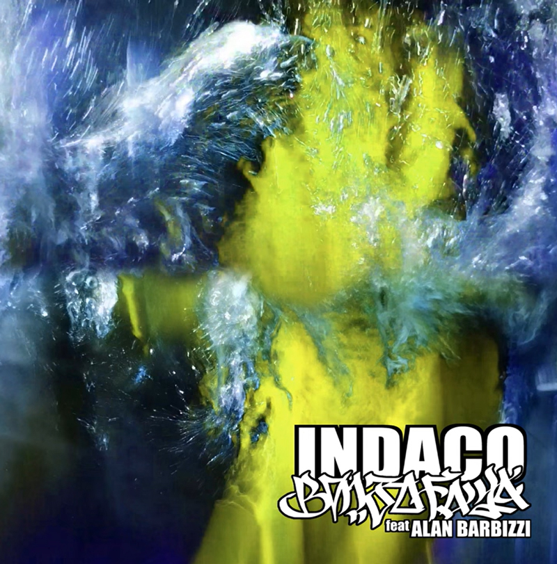 The single cover for Bonzo Faya's "Indaco" (feat. Alan Barbizzi) features an abstract, high-energy visual of blue and yellow pigments colliding underwater, creating a dynamic splash effect. The title "INDACO" is displayed in white block letters at the bottom right, accompanied by graffiti-style lettering for Bonzo Faya's name and a smaller credit for Alan Barbizzi.