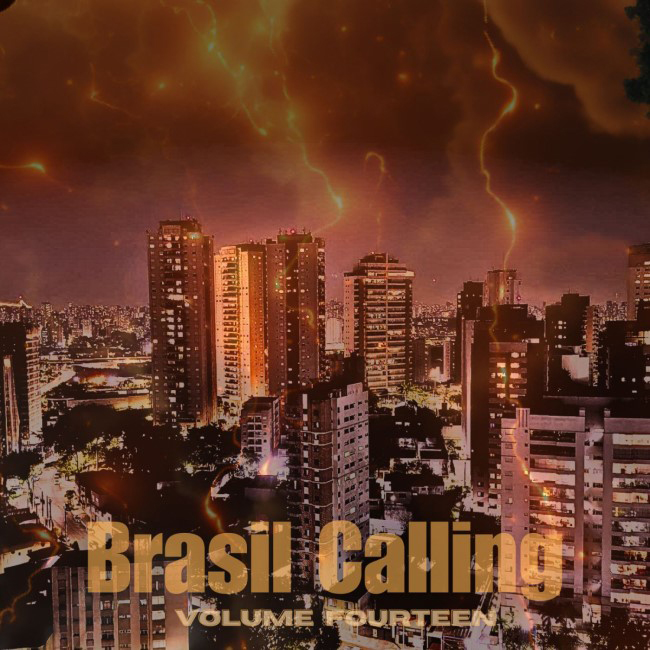 Brasil Calling: Volume 14 cover artwork. A photo of an urban landscape with high rises and lightning.