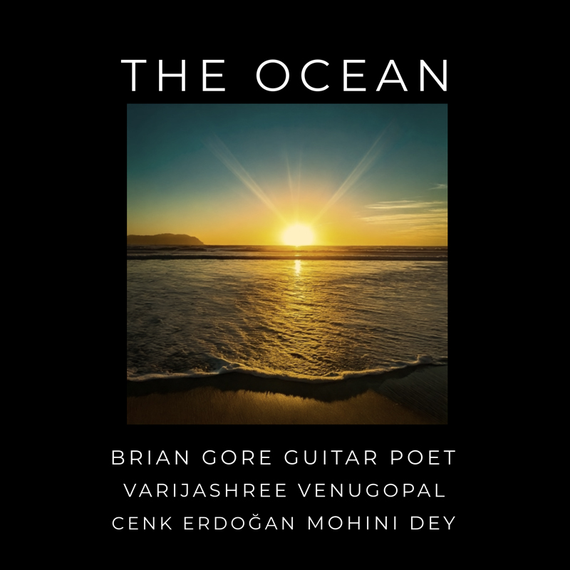 The cover for The Ocean presents a sunlit shoreline framed against a deep black background. A glowing sunset sits at the horizon as gentle waves reach the sand. The title appears above the image in white lettering, while the artists’ names line up below.