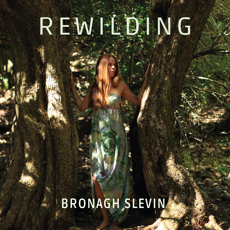 Bronagh Slevin - Rewilding cover artwork. Bronagh Slevin between trees wearing a green dress.