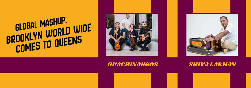 Brooklyn World Wide Comes to Queens banner. A yellow banner with photos of the two artists.