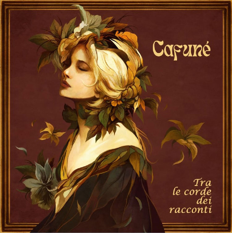 An art‑nouveau–inspired portrait of a pale-skinned woman with blond hair entwined in foliage. She tilts her head upward, eyes closed, amid autumnal leaves and floral motifs. A warm, earthy maroon background frames her, while the album title and band name appear in ivory‑colored type, “Cafuné” above her head and Tra Le Corde Dei Racconti in the lower corner.