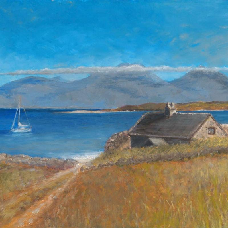 The cover for Sheila’s Island by Cailean Jennett shows a coastal scene painted in natural hues. A small stone cottage stands near the shore, facing blue water where a lone sailboat drifts. Distant mountains rise beneath clouds.