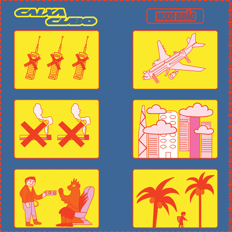 Caixa Cubo - Modo Avião cover artwork. Six vignettes related to airplane travel.