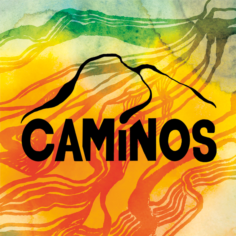 CAMiNOS - CAMiNOS cover artwork. A watercolor-style cover combines yellows, oranges, and greens with flowing contour-like lines. A black mountain outline arches above the large title “CAMiNOS.”