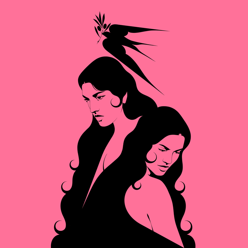 The single cover for Carmen Avilés – “Baila” features a pink background with two illustrated female figures rendered in black. Their long flowing hair connects the composition, while a small bird carrying an olive branch appears above them.