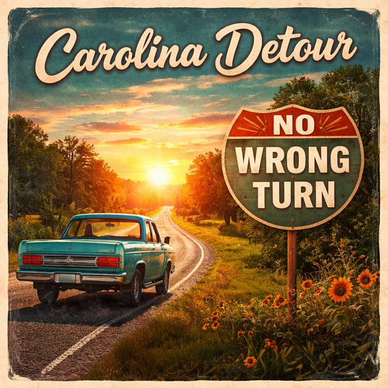 Carolina Detour - No Wrong Turn cover artwork. A vintage illustration of a 1960s car going through a no wrong turn traffic sign.