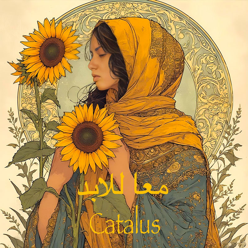 An illustrated cover shows a woman in profile wearing a flowing mustard-gold headscarf and patterned robe, framed by an ornate circular halo. She holds two bright sunflowers. Botanical details fill the background, while Arabic text and the title “Catalus” appear below.