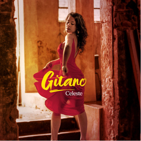 Celeste Sanazi- Gitano single cover. A photo of Celeste wearing a red dress.