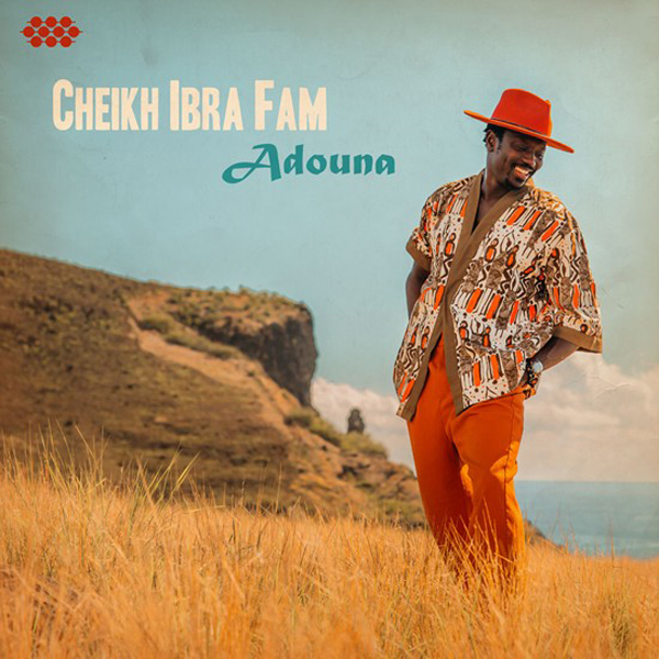 Cheikh Ibra Fam Adouna over artwork. A photo of Cheikh Ibra Fam wearing a red hat.