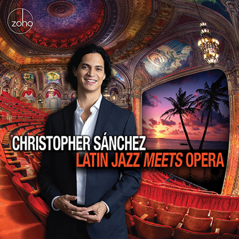 Christopher Sánchez - Latin Jazz Meets Opera cover artwork. Christopher Sánchez standing in an opera house with a tropicsl landscape on the stage.