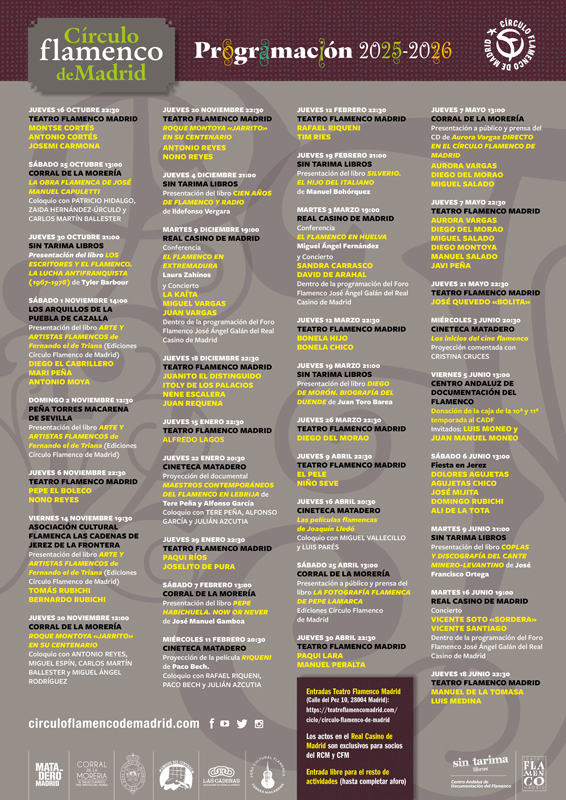 Círculo Flamenco de Madrid 2025–2026 program poster. A list of concerts.