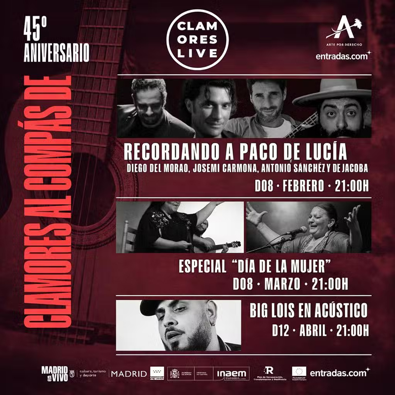 Clamores Al Compás poster. Photos of the artists and concert listing.