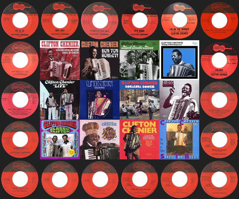 Collage of Clifton Chenier album covers. Playing accordion.