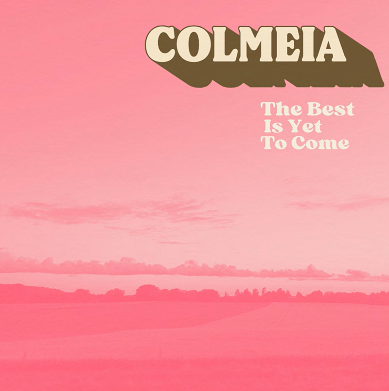 The single cover for Colmeia – The Best Is Yet to Come features a pink landscape with a wide, open field and a distant line of trees silhouetted against a soft, cloud-dappled sky. The title is set in bold cream-colored retro typography, with the artist's name “Colmeia” casting a heavy brown shadow.