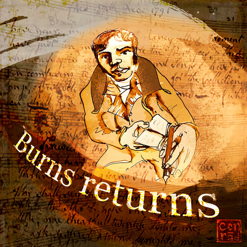 Conrad Molleson Burns Returns cover artwork. An illustration of Burns in gold and white.