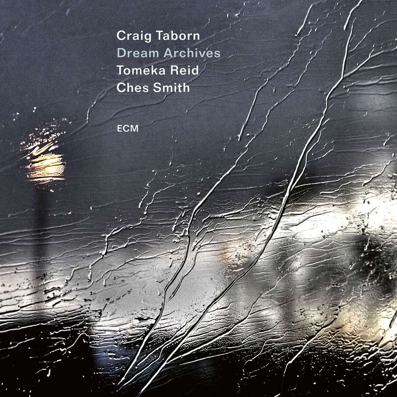 A rain-streaked window fills the frame, with water rivulets cutting diagonal lines across a dark, blurred nighttime city scene. Out-of-focus lights glow behind the glass. White text at the top lists Craig Taborn, Dream Archives, Tomeka Reid, and Ches Smith, with the ECM logo beneath.