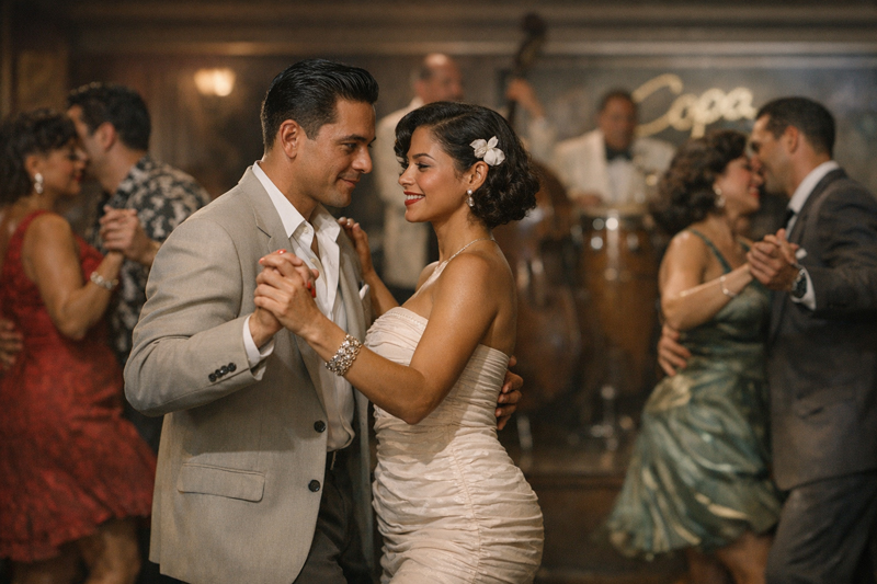 Cuban couples dancing mambo in the 1950s. AI generated.