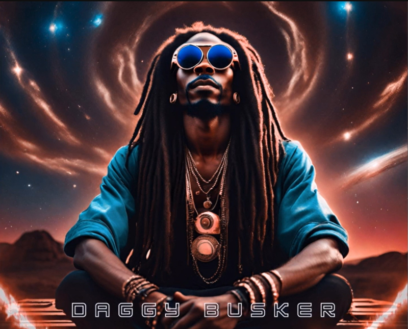 Daggy Busker Zion Meditation. At the center of the single's cover, a figure with a powerful presence sits in a meditative pose. His long, free-flowing dreadlocks frame his face, and he wears reflective, circular sunglasses. Adorned with layered jewelry, including beads and an intricate pendant, his attire—a vibrant blue. t Behind him, a surreal cosmic background swirls with fiery orange and deep indigo tones, resembling a celestial explosion or a galaxy unfolding. Stars dot the scene,. At the bottom of the cover, the text "Daggy Busker" is displayed in bold, futuristic typography.