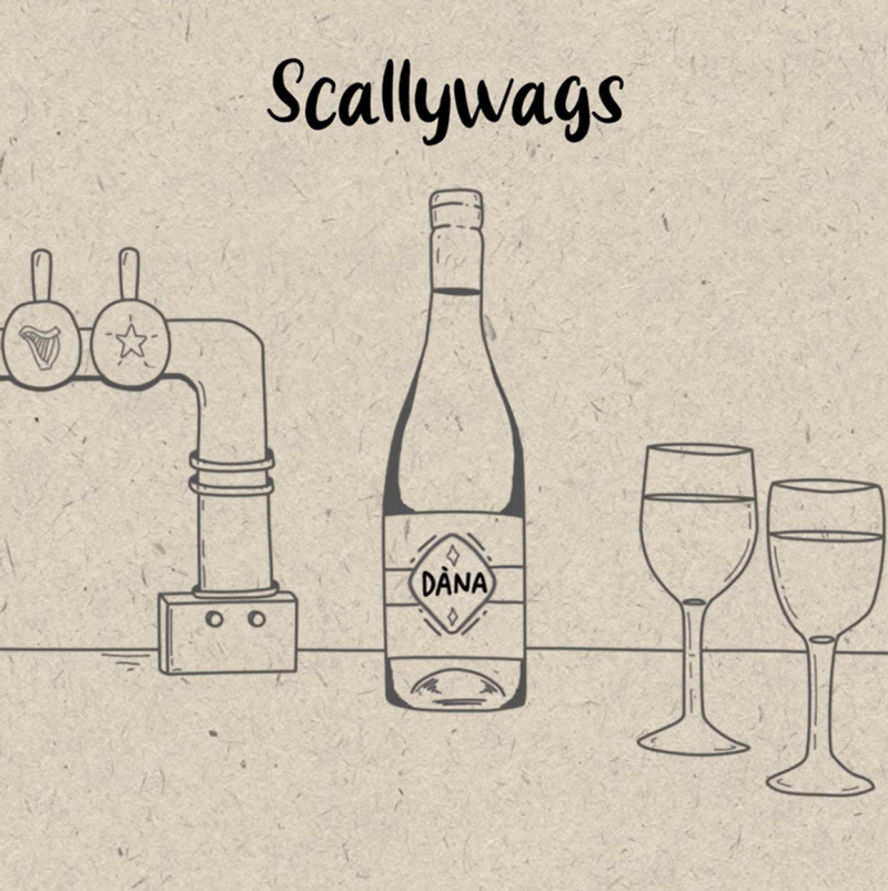 The single cover for Scallywags by Dàna features a hand-drawn style. It depicts a wine or beer bottle labeled “Dàna” flanked by two glasses, with beer taps on the left, one marked with a shamrock, the other with a star. Set against a textured beige background.