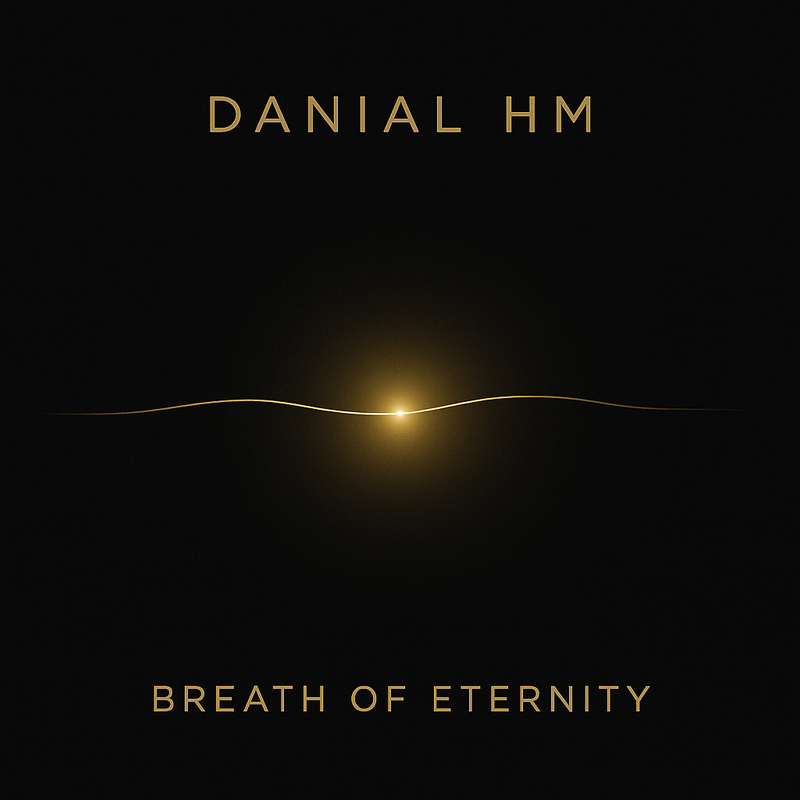 A black field frames gold typography, with the artist name centered above and the album title below. A single luminous gold line ripples across the middle, glowing softly at its center.