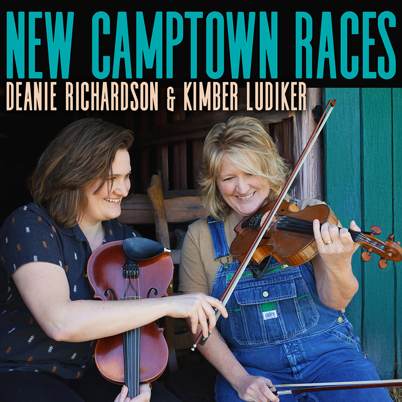Deanie Richardson and Kimber Ludiker New Camptown Races cover artwork. A photo of the two artists holding fiddles.